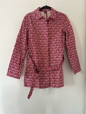 Vintage Gap Red Floral Print Belted Trench Coat Small 100% Cotton Preppy Spring